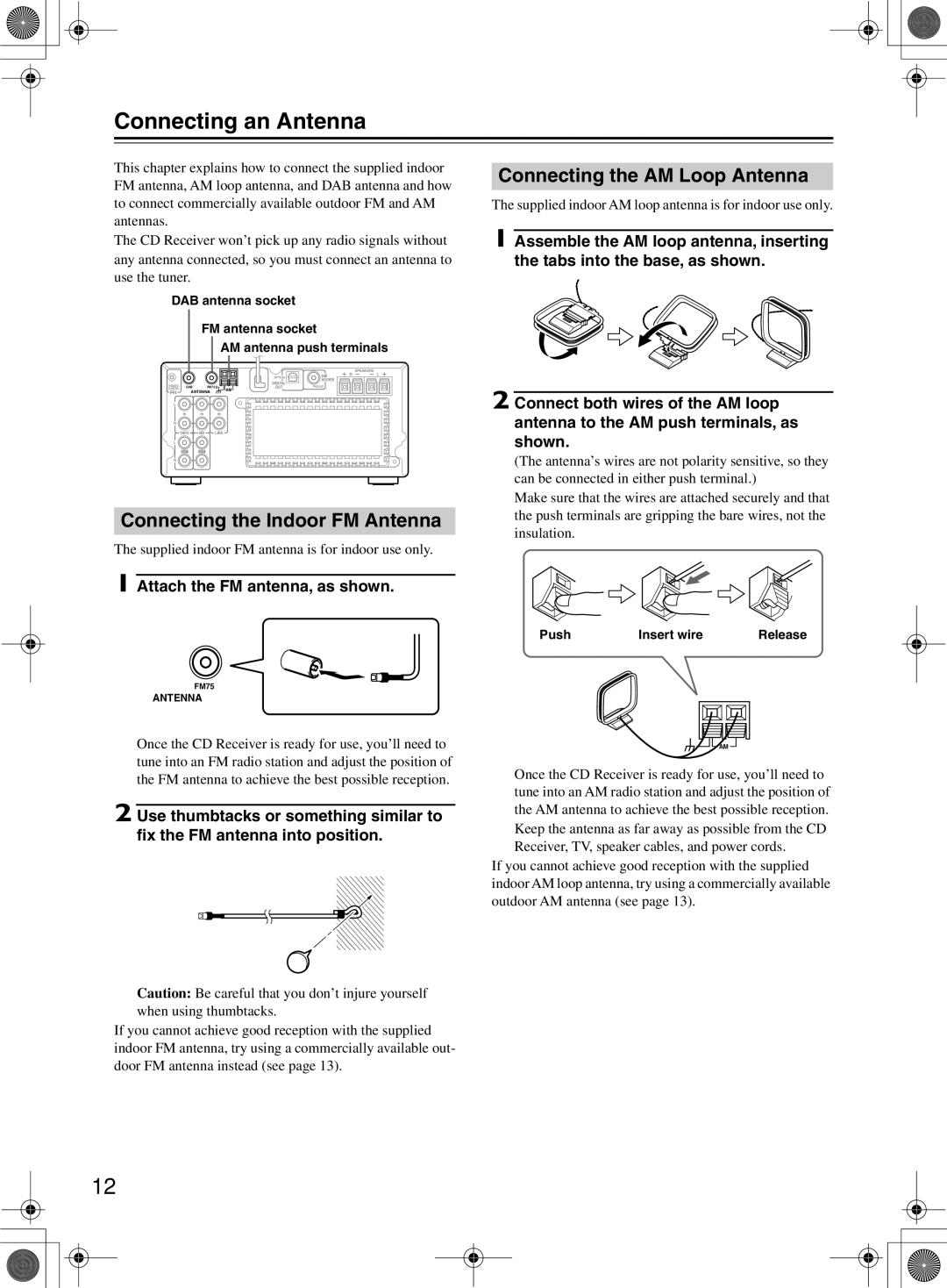 Onkyo CR-505DA instruction manual Connecting an Antenna, Connecting the Indoor FM Antenna, Connecting the AM Loop Antenna 