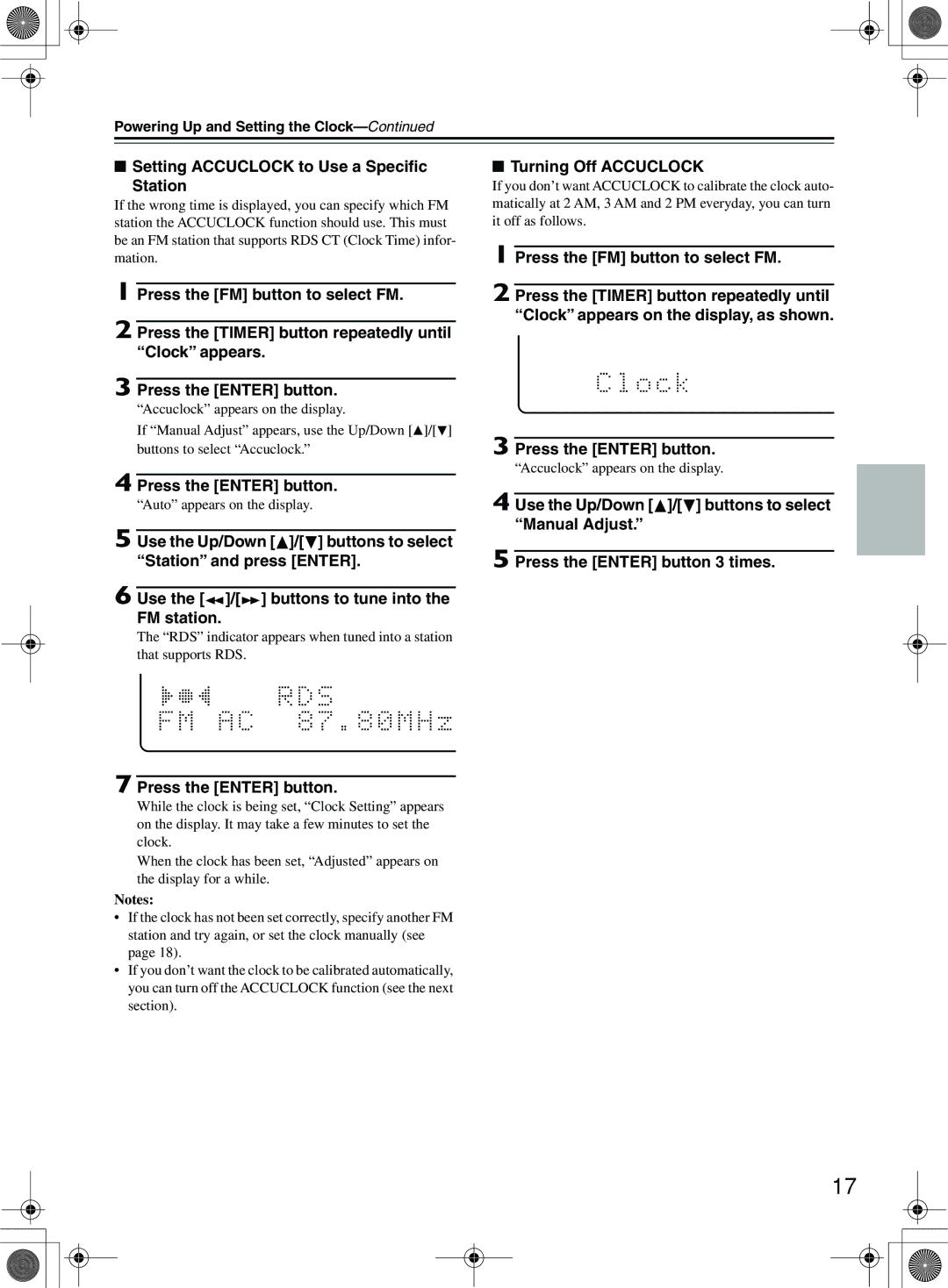 Onkyo CR-505DA instruction manual Setting Accuclock to Use a Speciﬁc Station, Turning Off Accuclock 