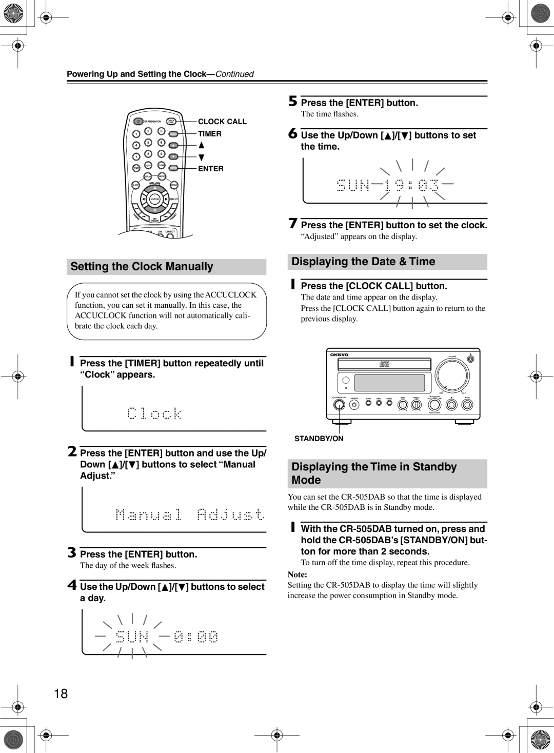 Onkyo CR-505DA Setting the Clock Manually, Displaying the Date & Time, Displaying the Time in Standby Mode 