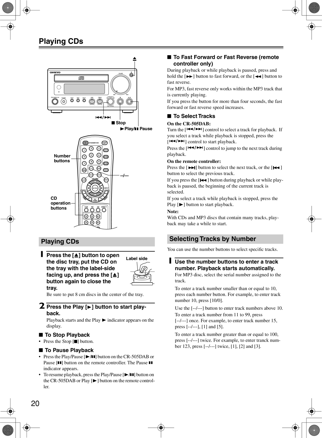 Onkyo CR-505DA instruction manual Playing CDs, Selecting Tracks by Number 