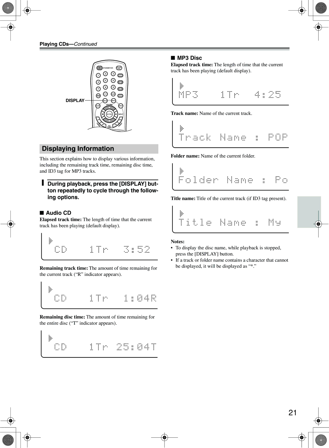 Onkyo CR-505DA instruction manual Displaying Information, MP3 Disc 