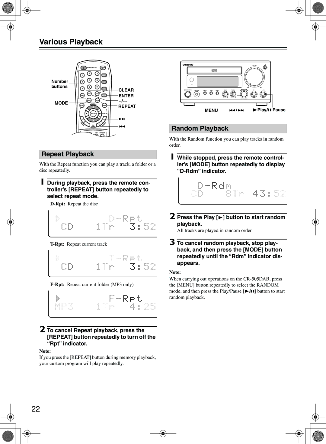 Onkyo CR-505DA instruction manual Various Playback, Random Playback, Repeat Playback 