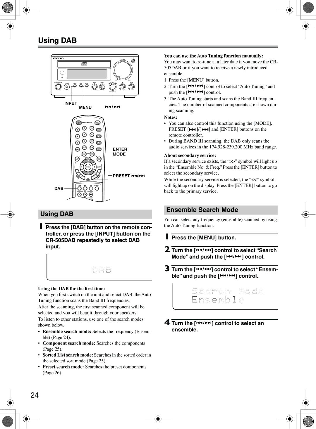 Onkyo CR-505DA instruction manual Using DAB, Ensemble Search Mode, Using the DAB for the ﬁrst time, About secondary service 