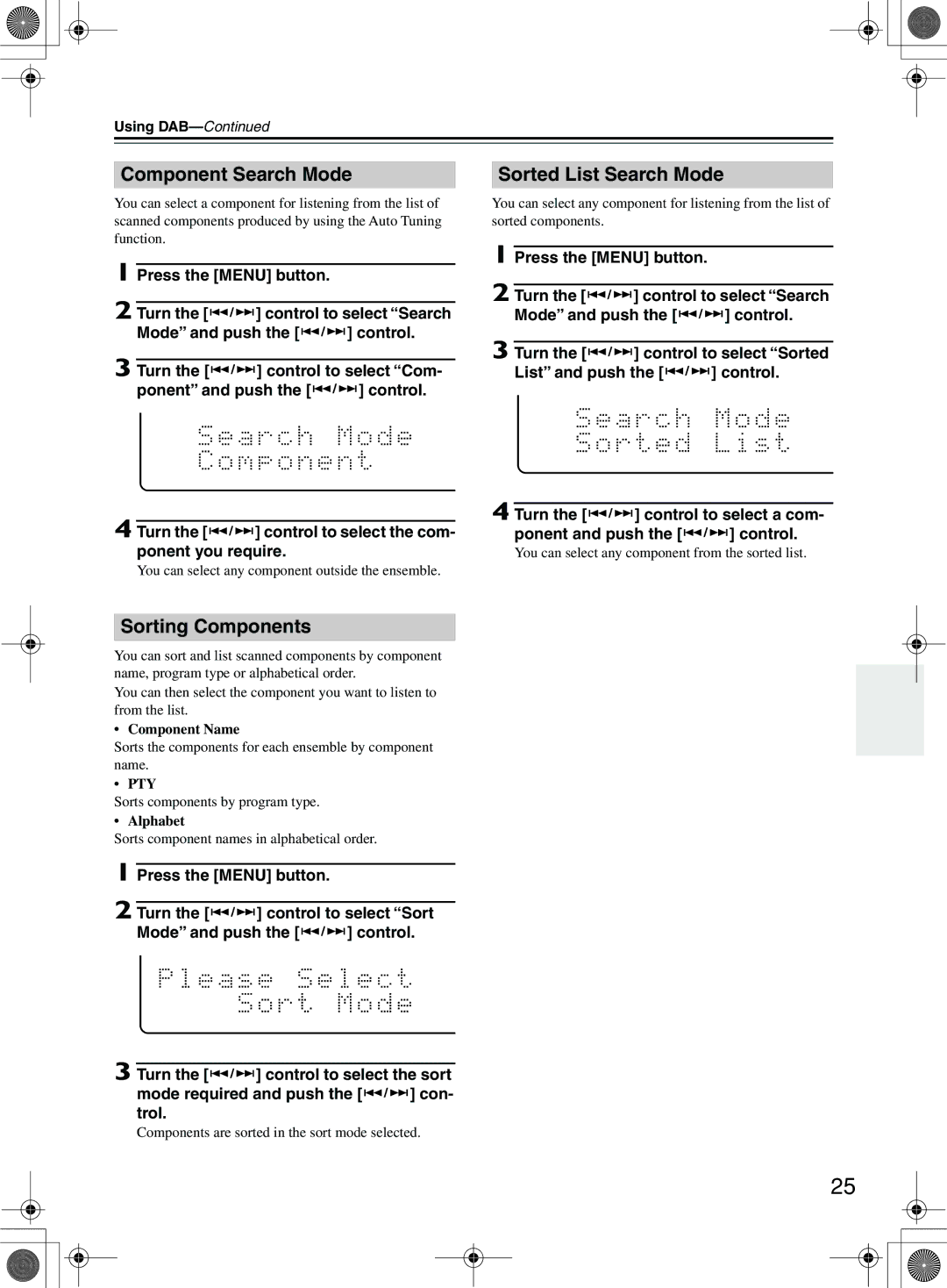 Onkyo CR-505DA instruction manual Component Search Mode, Sorted List Search Mode, Sorting Components, Press the Menu button 