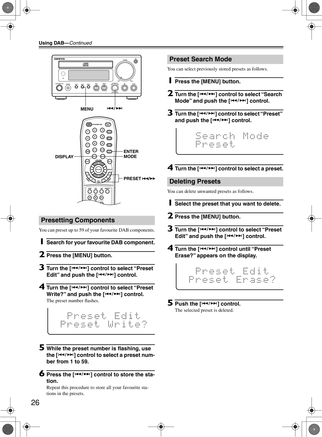 Onkyo CR-505DA instruction manual Preset Search Mode, Deleting Presets, Presetting Components 