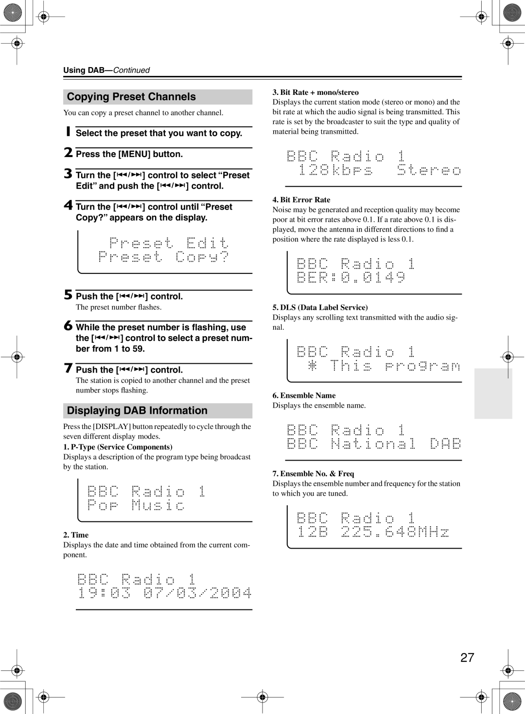 Onkyo CR-505DA instruction manual Copying Preset Channels, Displaying DAB Information 