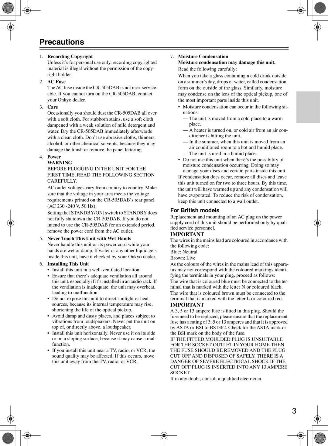 Onkyo CR-505DA instruction manual Precautions, For British models 