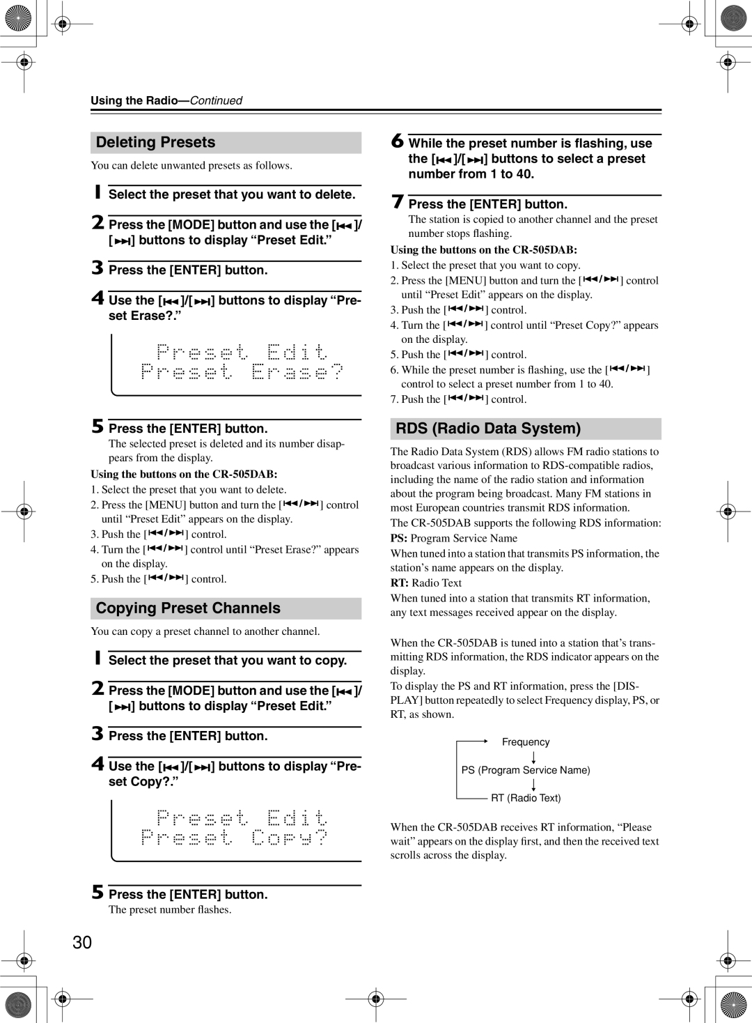 Onkyo CR-505DA instruction manual Deleting Presets, RDS Radio Data System 