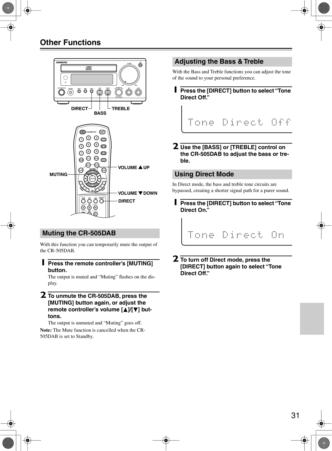 Onkyo instruction manual Other Functions, Muting the CR-505DAB, Adjusting the Bass & Treble, Using Direct Mode 