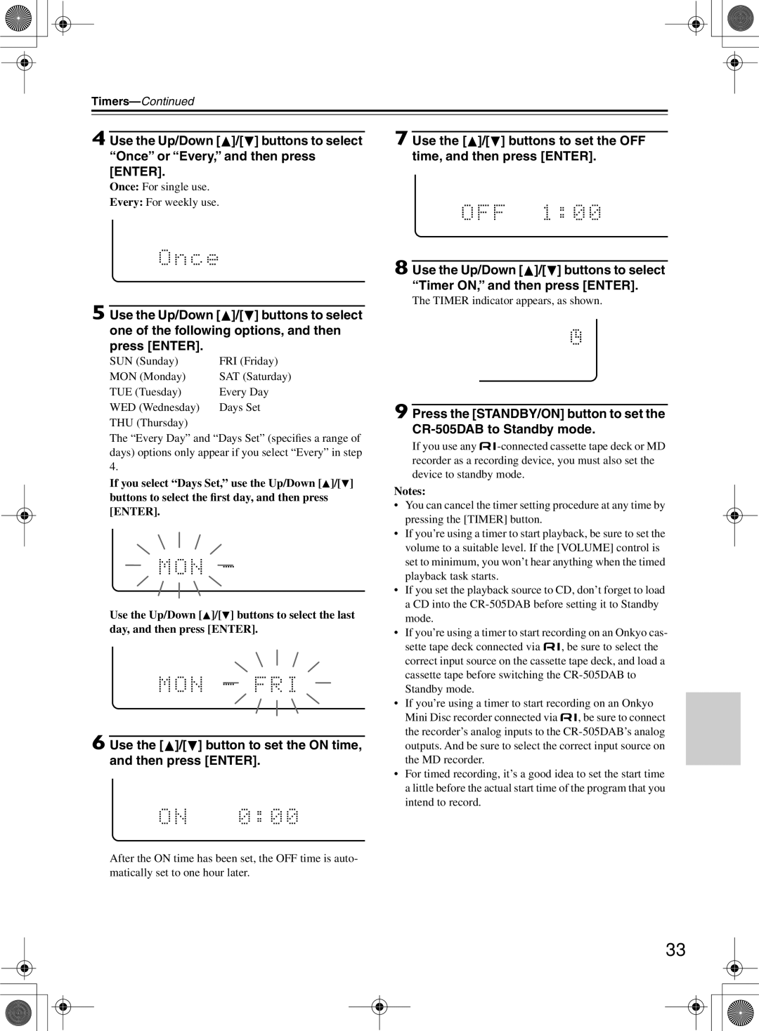 Onkyo CR-505DA instruction manual Timers 