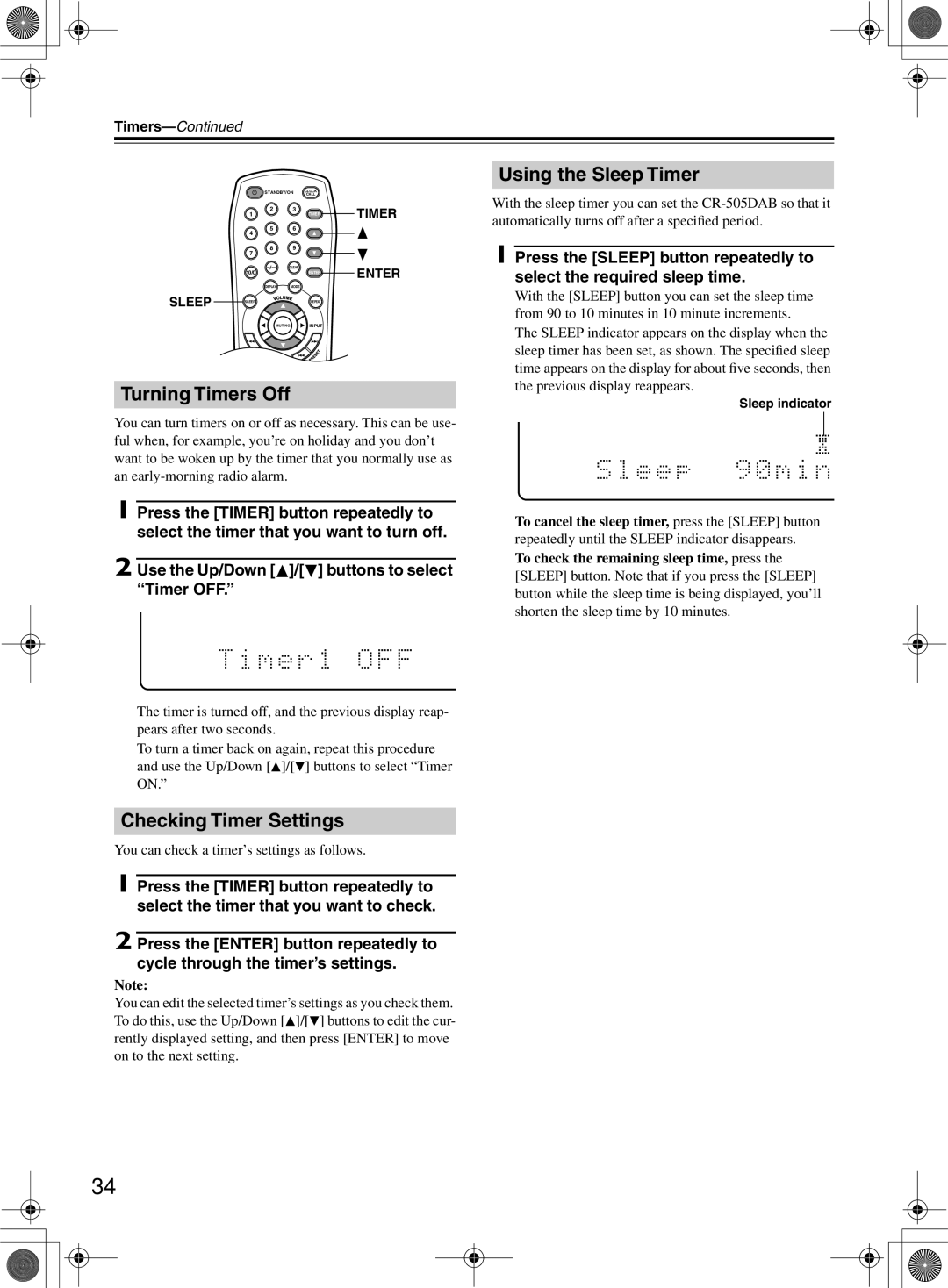 Onkyo CR-505DA instruction manual Using the Sleep Timer, Turning Timers Off, Checking Timer Settings 