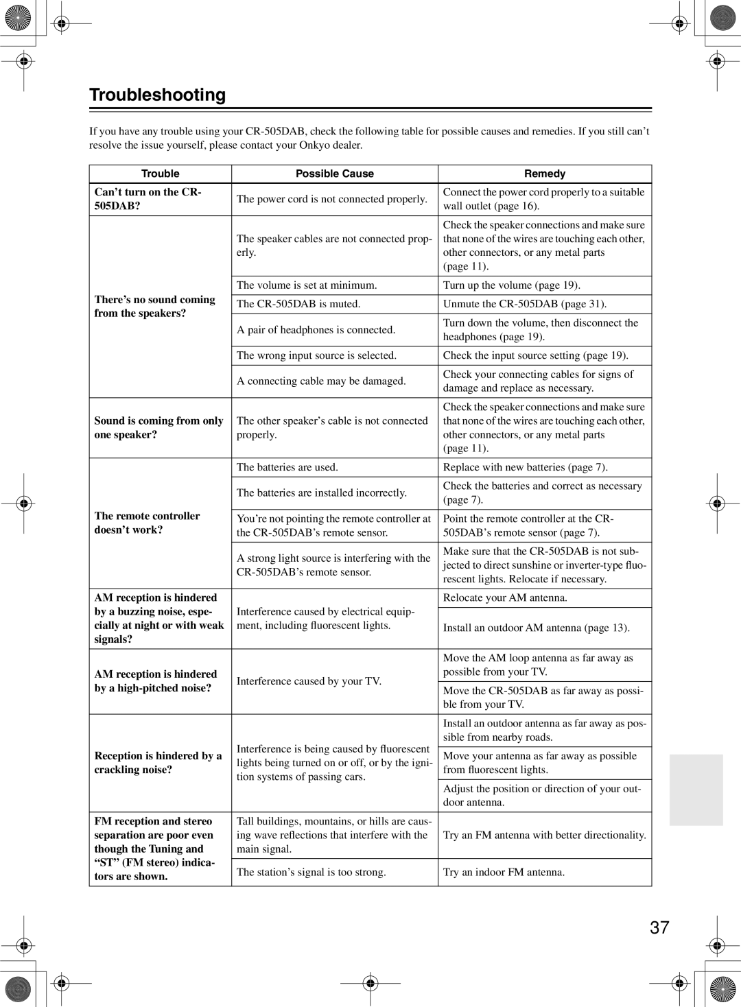 Onkyo CR-505DA instruction manual Troubleshooting 