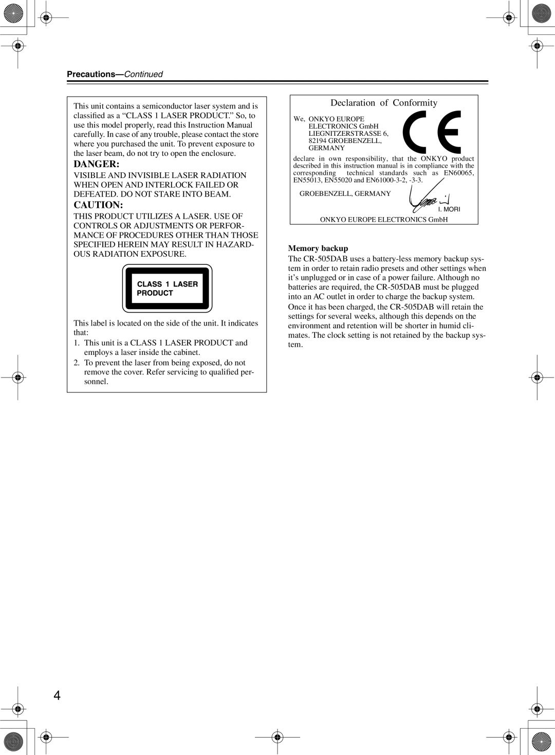 Onkyo CR-505DA instruction manual Precautions, Memory backup 