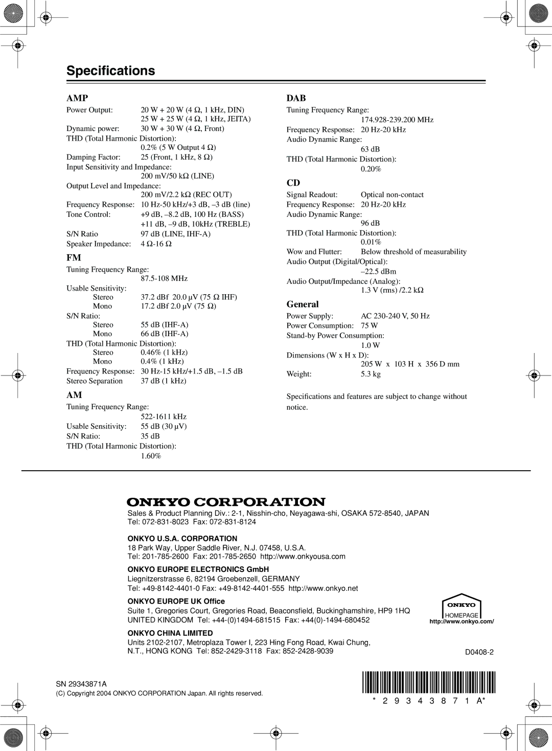 Onkyo CR-505DA instruction manual Speciﬁcations, Amp 