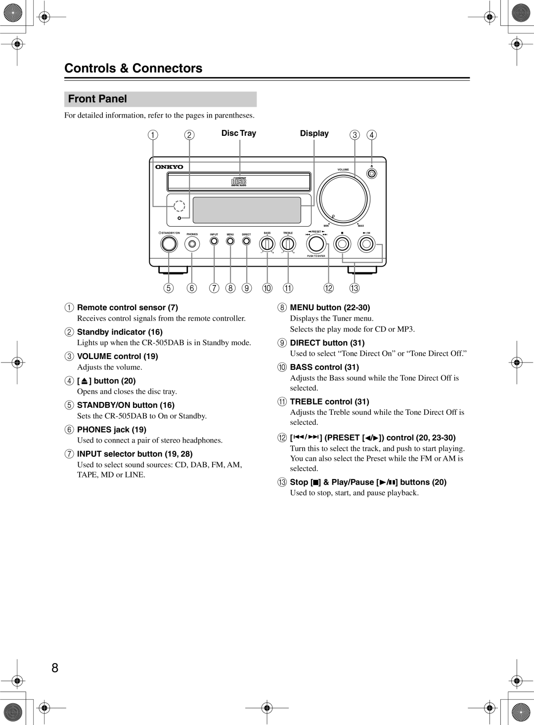 Onkyo CR-505DA instruction manual Controls & Connectors, Front Panel 