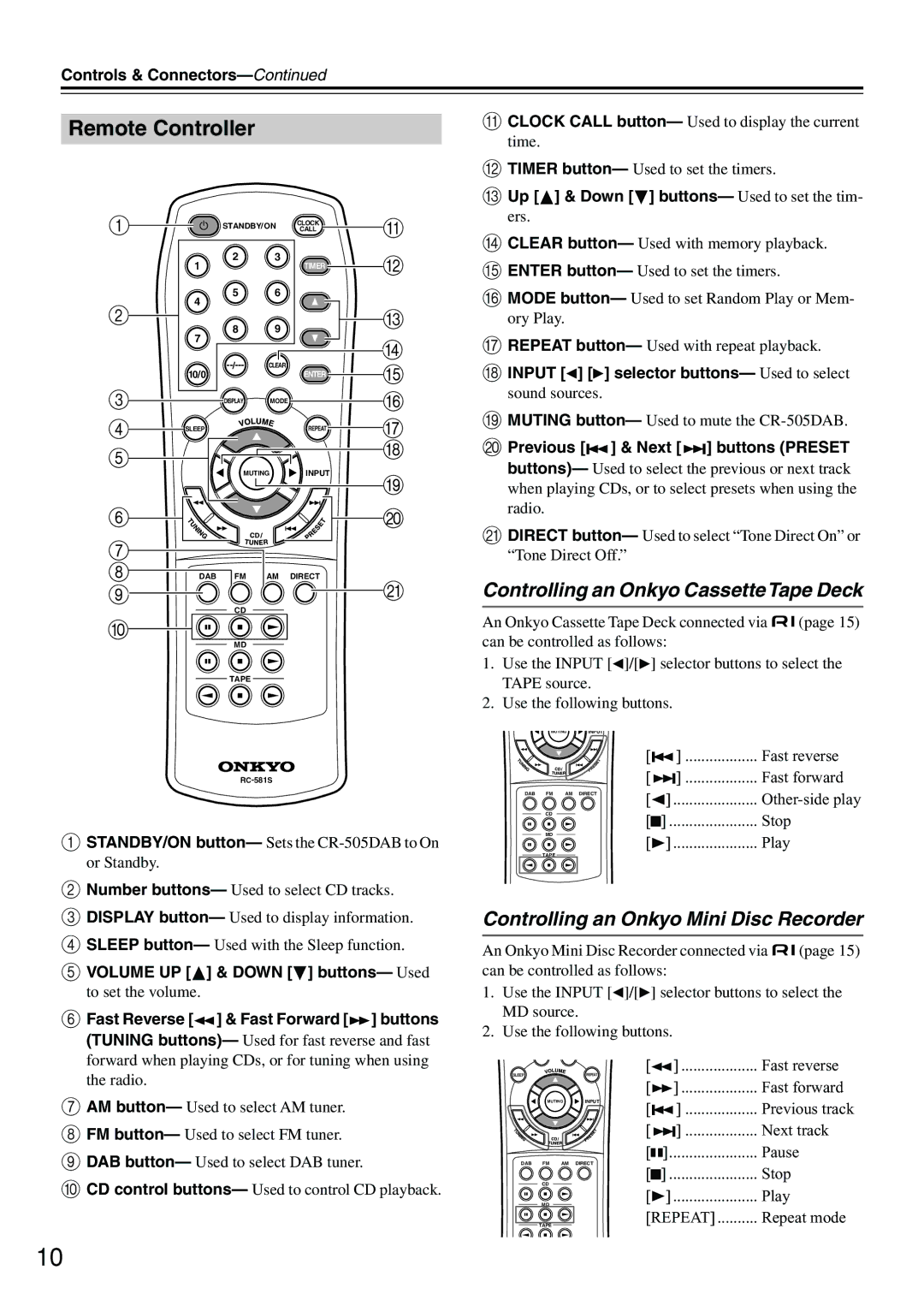 Onkyo CR-505DAB instruction manual Remote Controller, Up & Down buttons- Used to set the tim- ers 