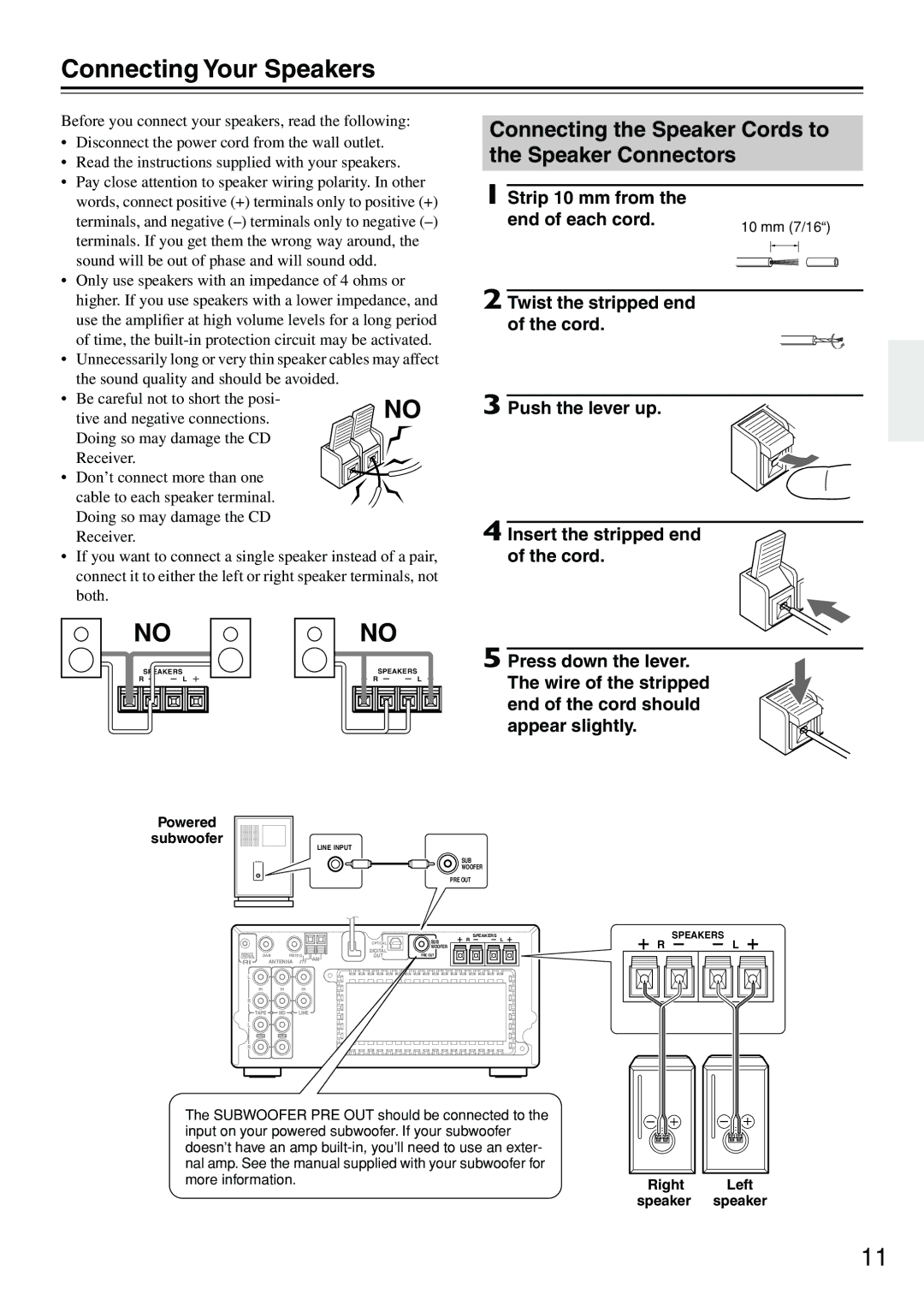 Onkyo CR-505DAB Connecting Your Speakers, Connecting the Speaker Cords to the Speaker Connectors, Powered Subwoofer 