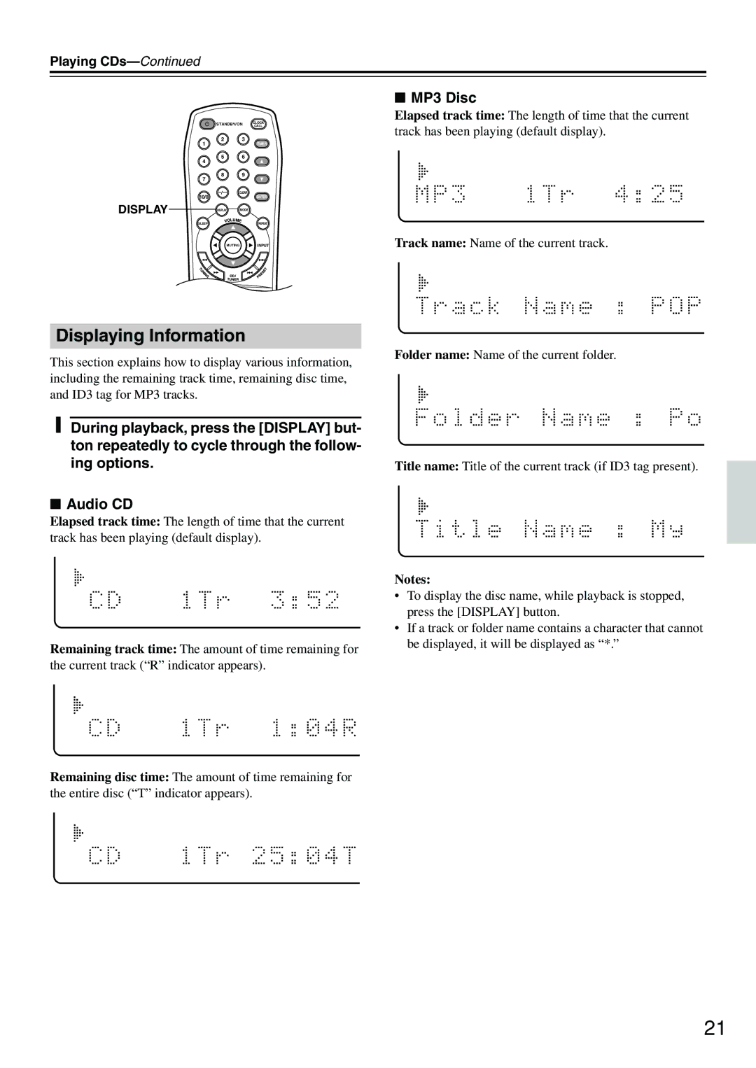 Onkyo CR-505DAB instruction manual Displaying Information, MP3 Disc 