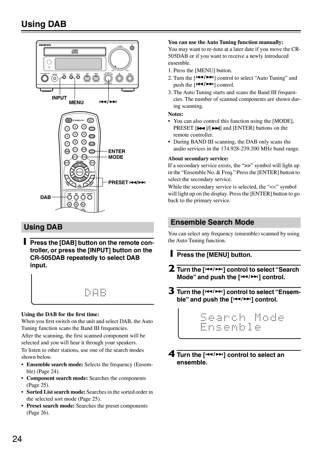 Onkyo CR-505DAB instruction manual Using DAB, Ensemble Search Mode, Press the Menu button 