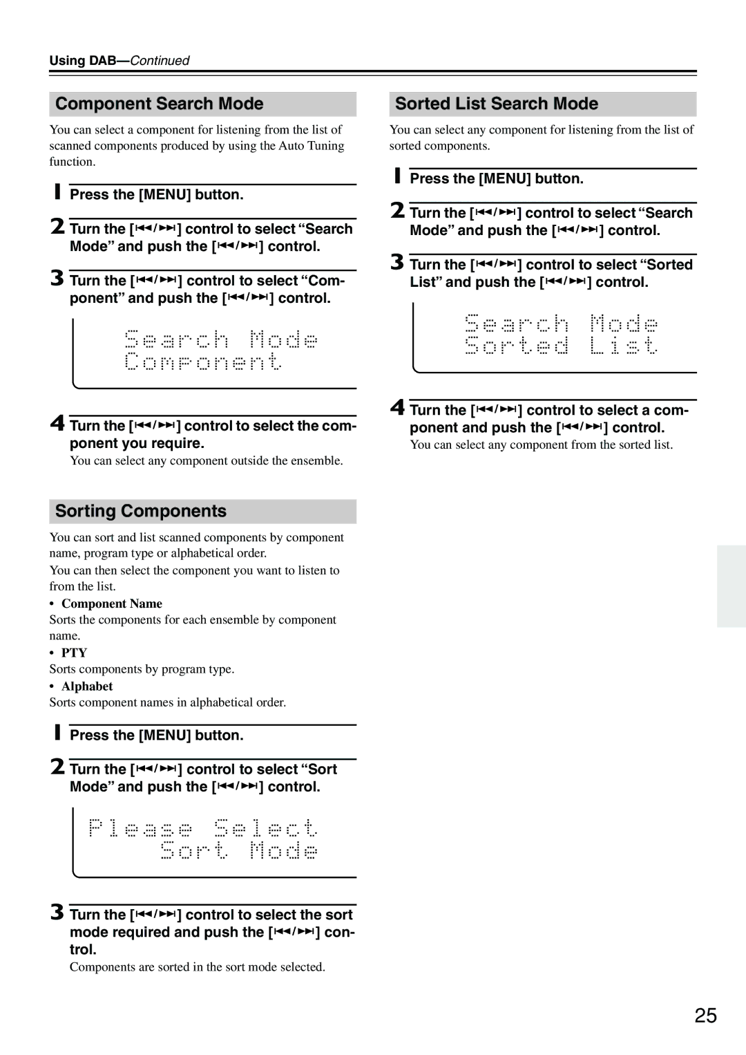 Onkyo CR-505DAB instruction manual Component Search Mode, Sorting Components, Sorted List Search Mode 