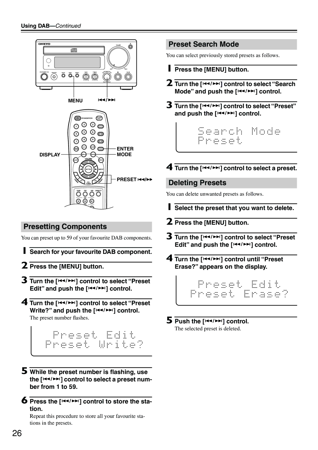 Onkyo CR-505DAB instruction manual Presetting Components, Preset Search Mode, Deleting Presets 