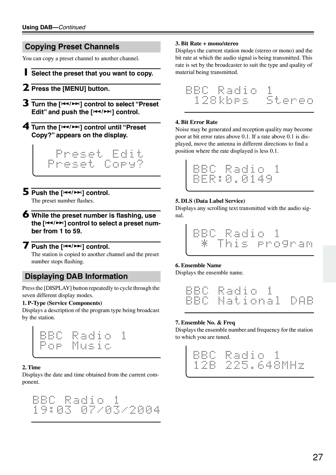 Onkyo CR-505DAB instruction manual Copying Preset Channels, Displaying DAB Information 