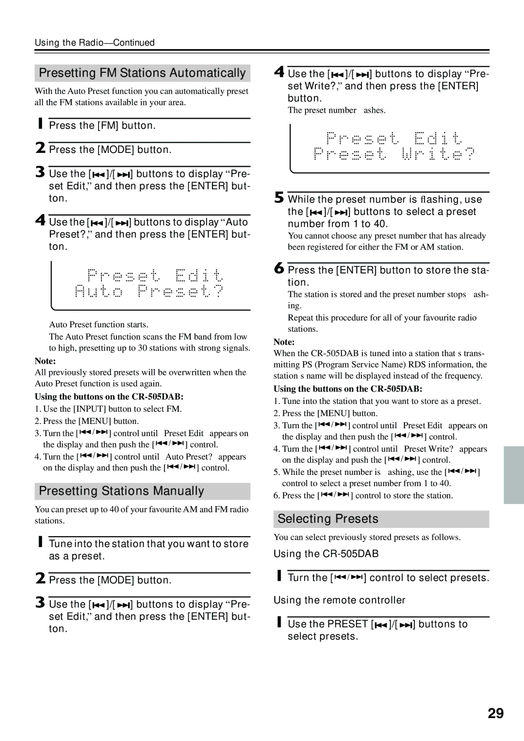 Onkyo CR-505DAB instruction manual Presetting FM Stations Automatically, Presetting Stations Manually, Selecting Presets 