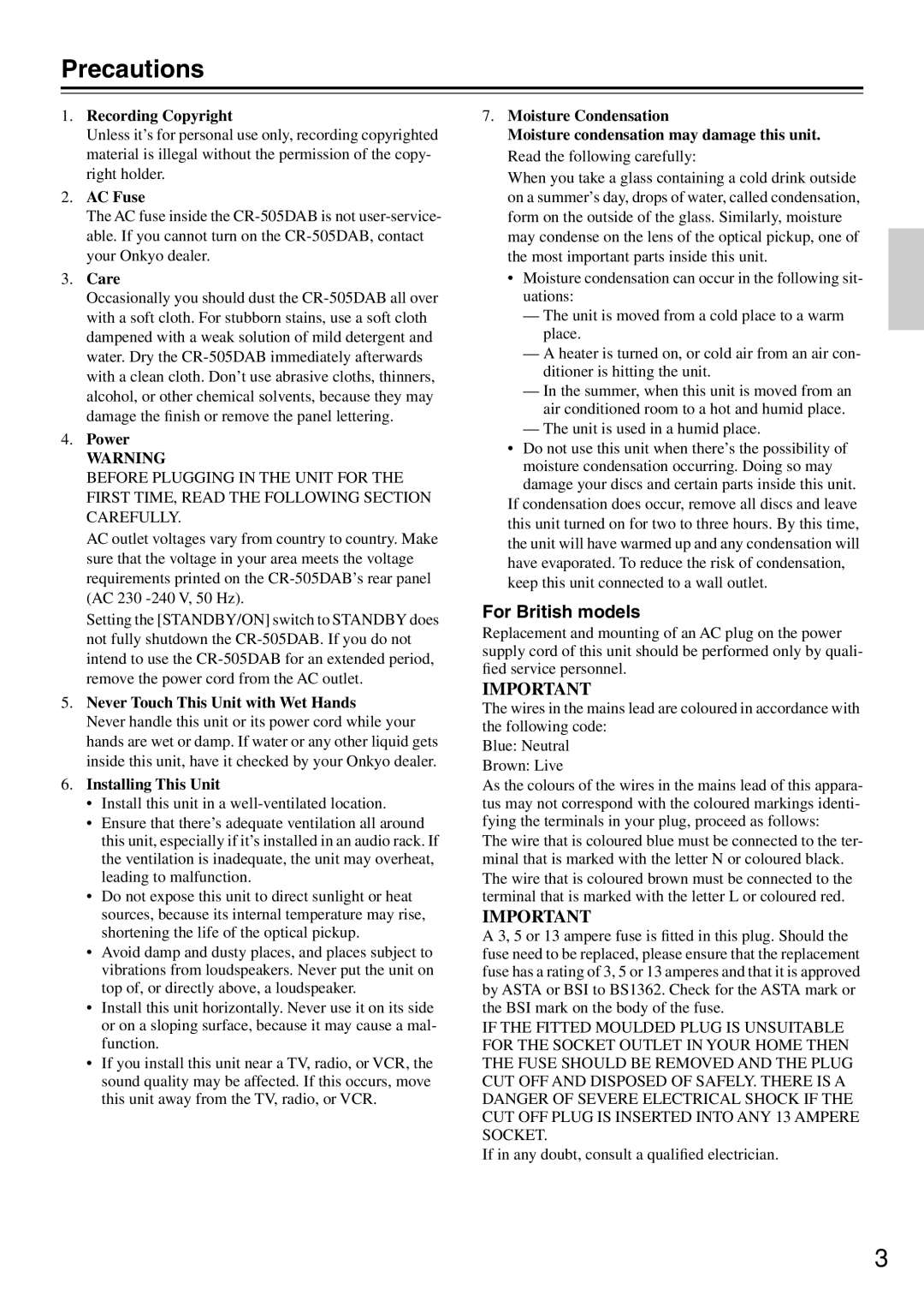 Onkyo CR-505DAB instruction manual Precautions, For British models 