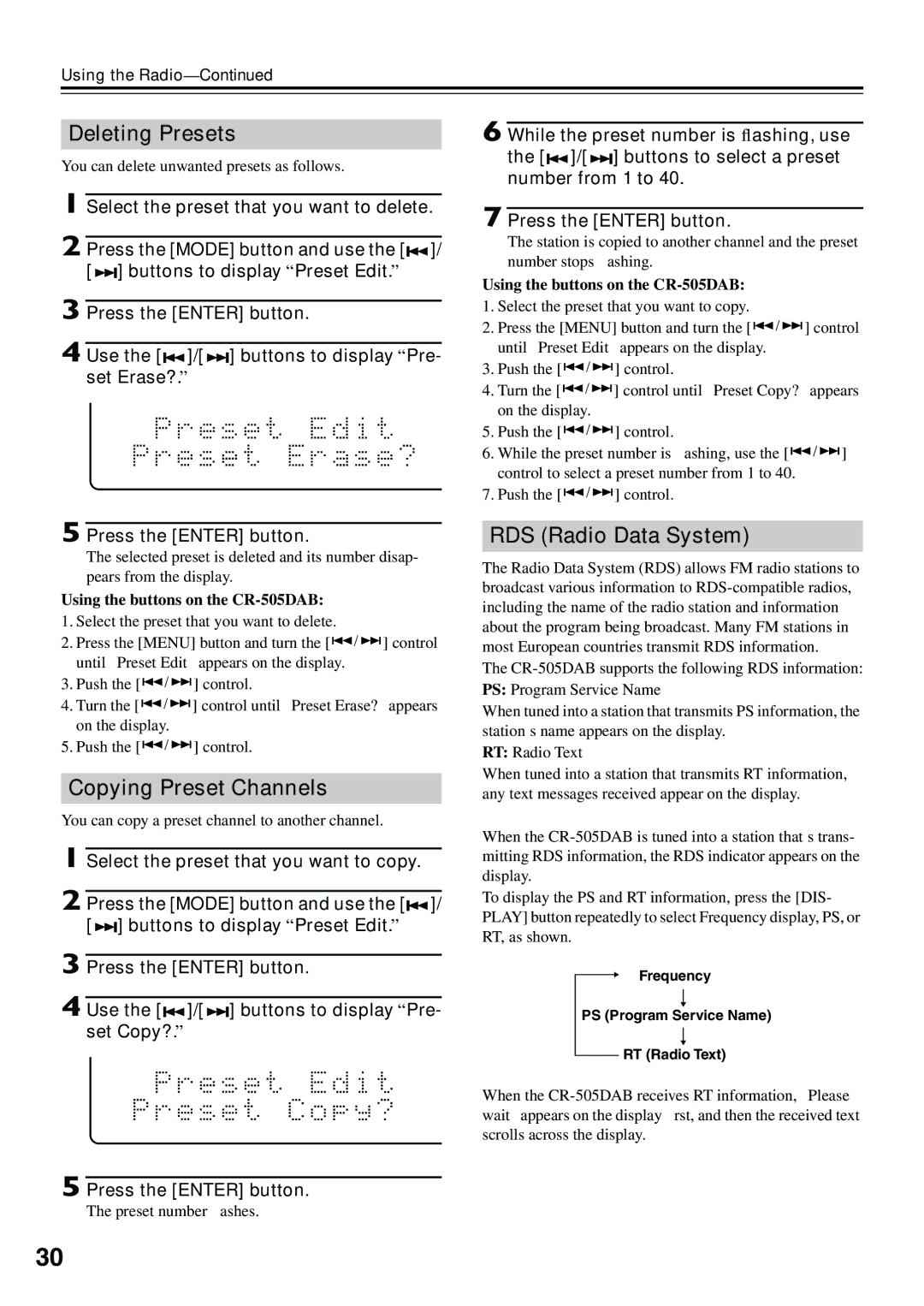 Onkyo CR-505DAB instruction manual Deleting Presets, RDS Radio Data System 