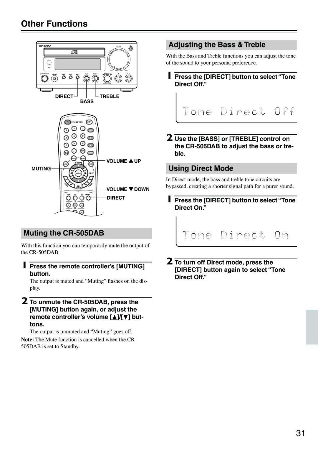 Onkyo instruction manual Other Functions, Muting the CR-505DAB, Adjusting the Bass & Treble, Using Direct Mode 