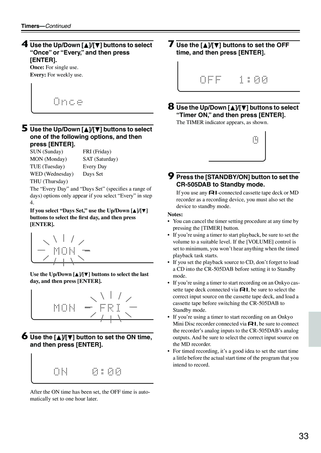 Onkyo CR-505DAB instruction manual Use the / button to set the on time, and then press Enter 