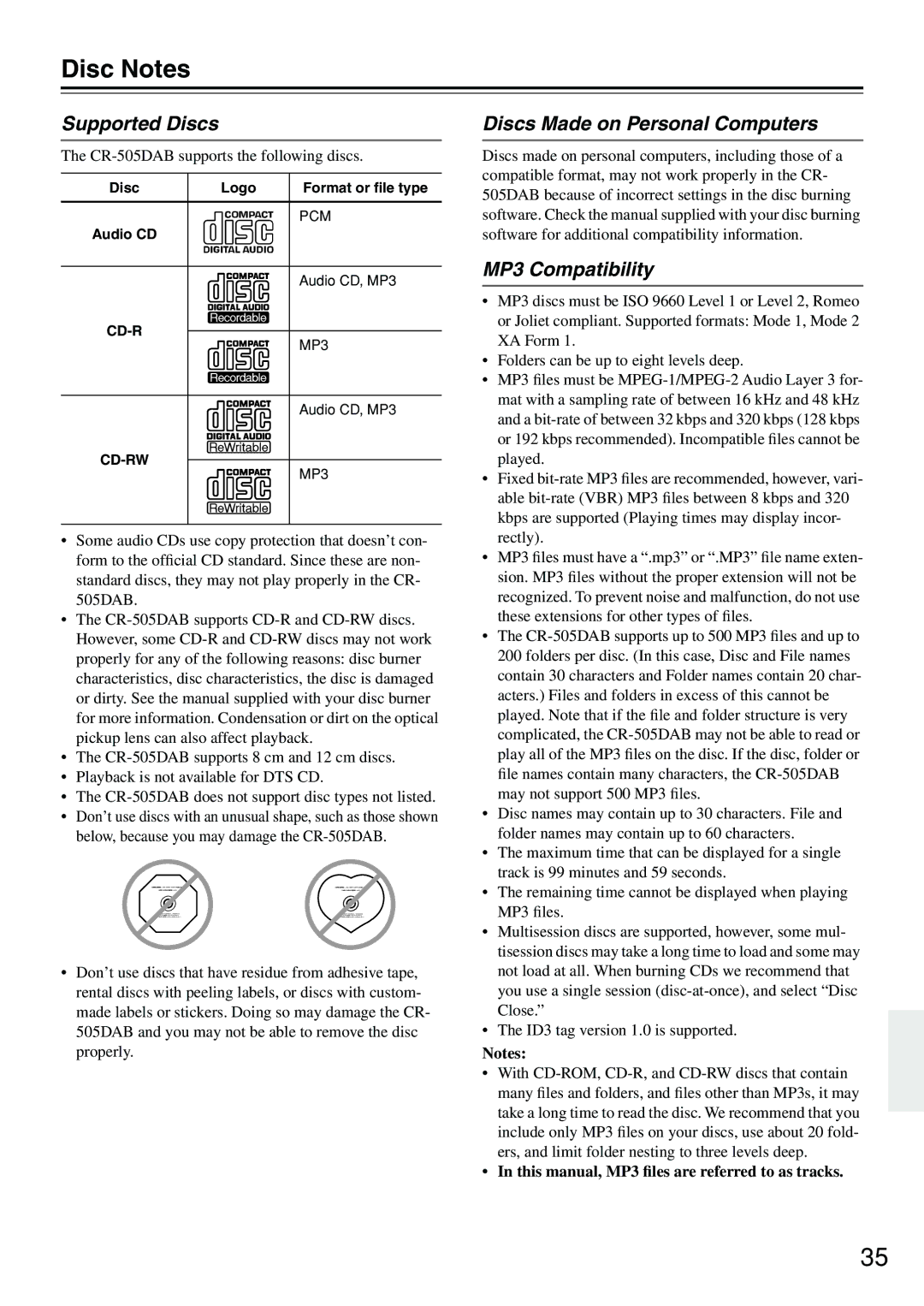 Onkyo CR-505DAB instruction manual Disc Notes, This manual, MP3 ﬁles are referred to as tracks, Disc Logo, Audio CD 