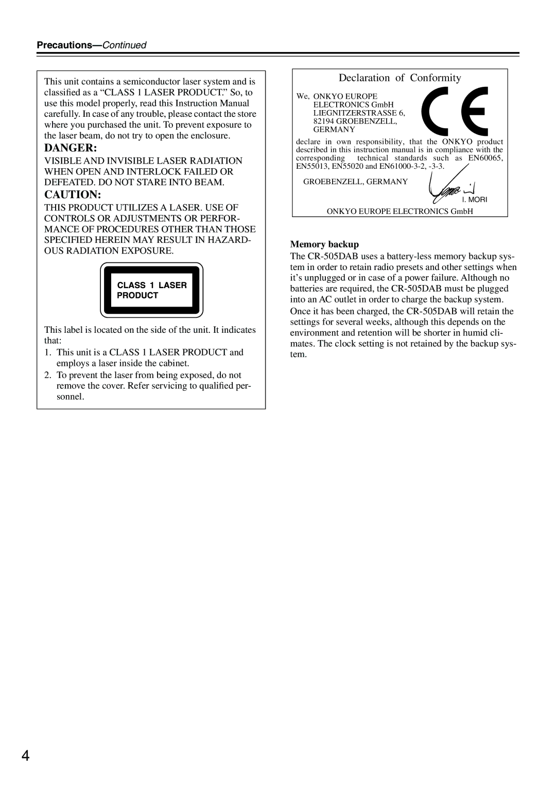 Onkyo CR-505DAB instruction manual Precautions, Memory backup 