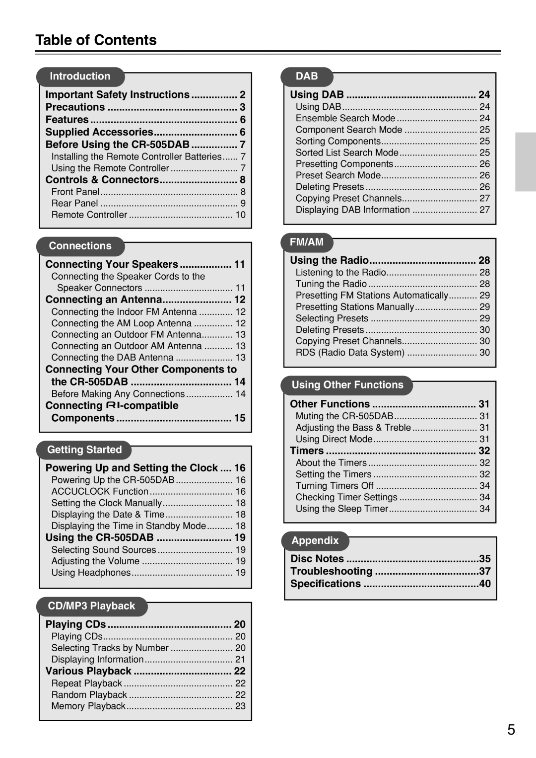 Onkyo CR-505DAB instruction manual Table of Contents 