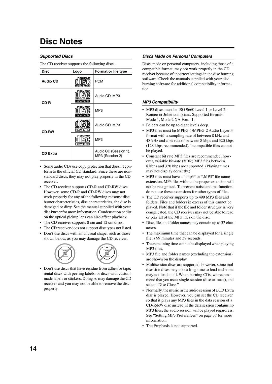 Onkyo CR-515 CR-315 instruction manual Disc Notes, Supported Discs 