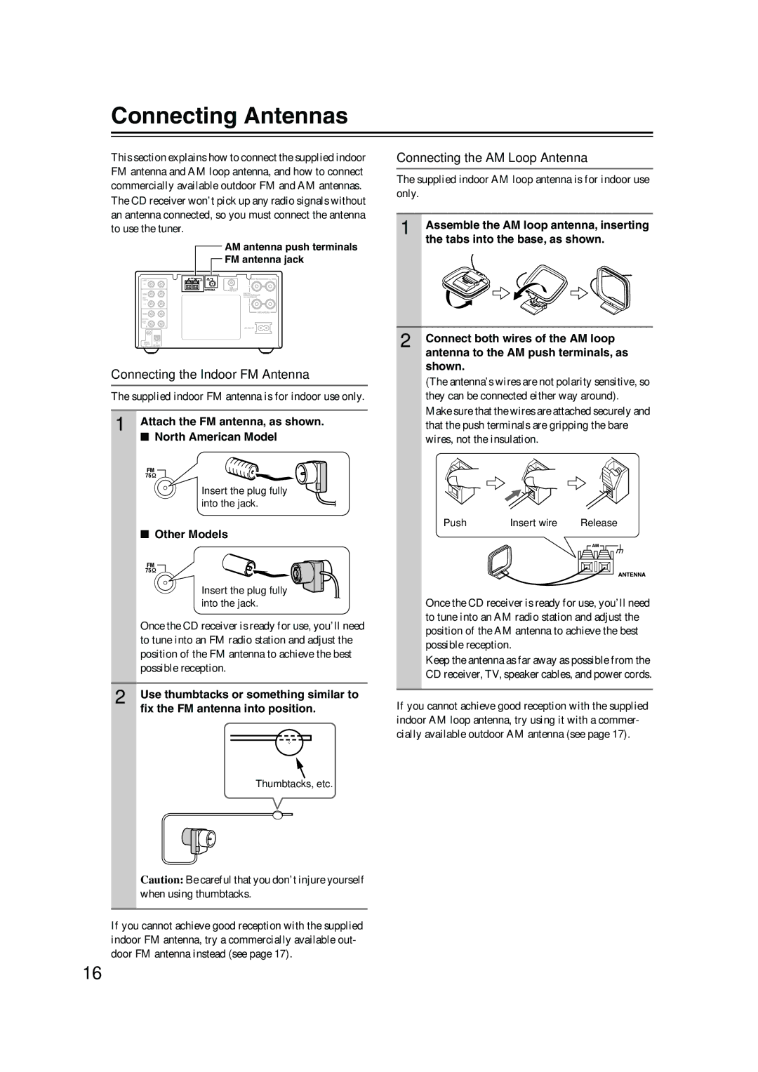 Onkyo CR-515 CR-315 Connecting Antennas, Connecting the Indoor FM Antenna, Connecting the AM Loop Antenna, Other Models 