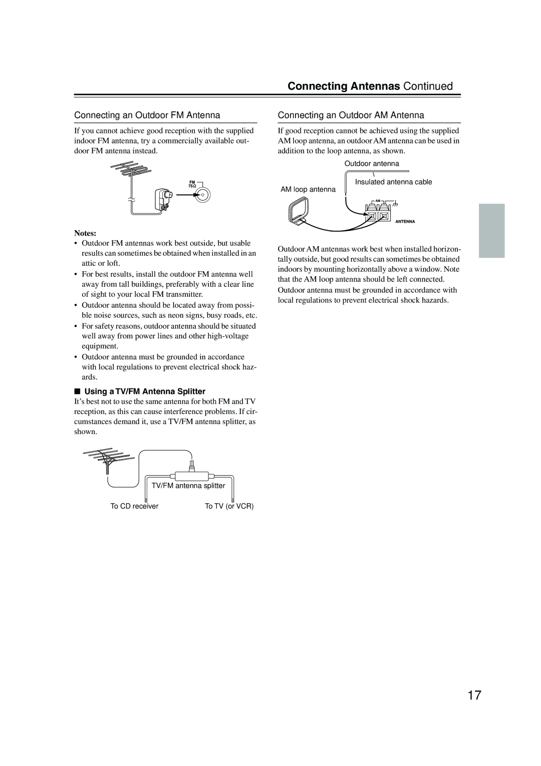 Onkyo CR-515 CR-315 Connecting Antennas, Connecting an Outdoor FM Antenna, Connecting an Outdoor AM Antenna 