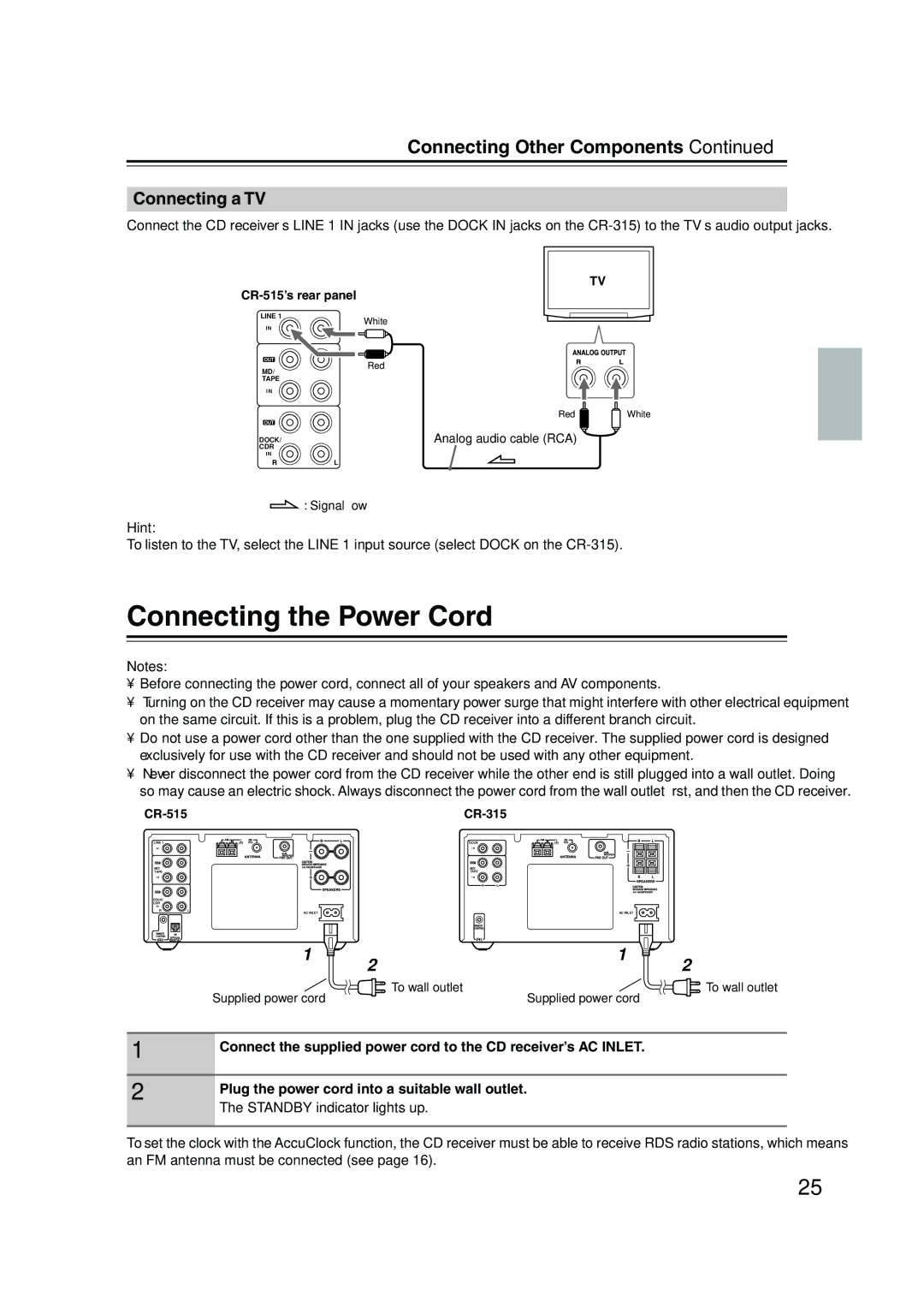 Onkyo CR-515 CR-315 instruction manual Connecting the Power Cord, Connecting a TV, Hint 