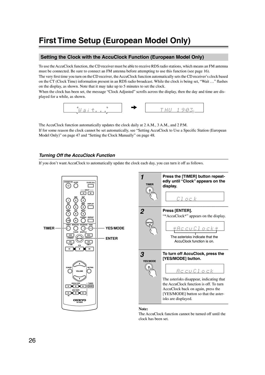 Onkyo CR-515 CR-315 instruction manual First Time Setup European Model Only, Turning Off the AccuClock Function 