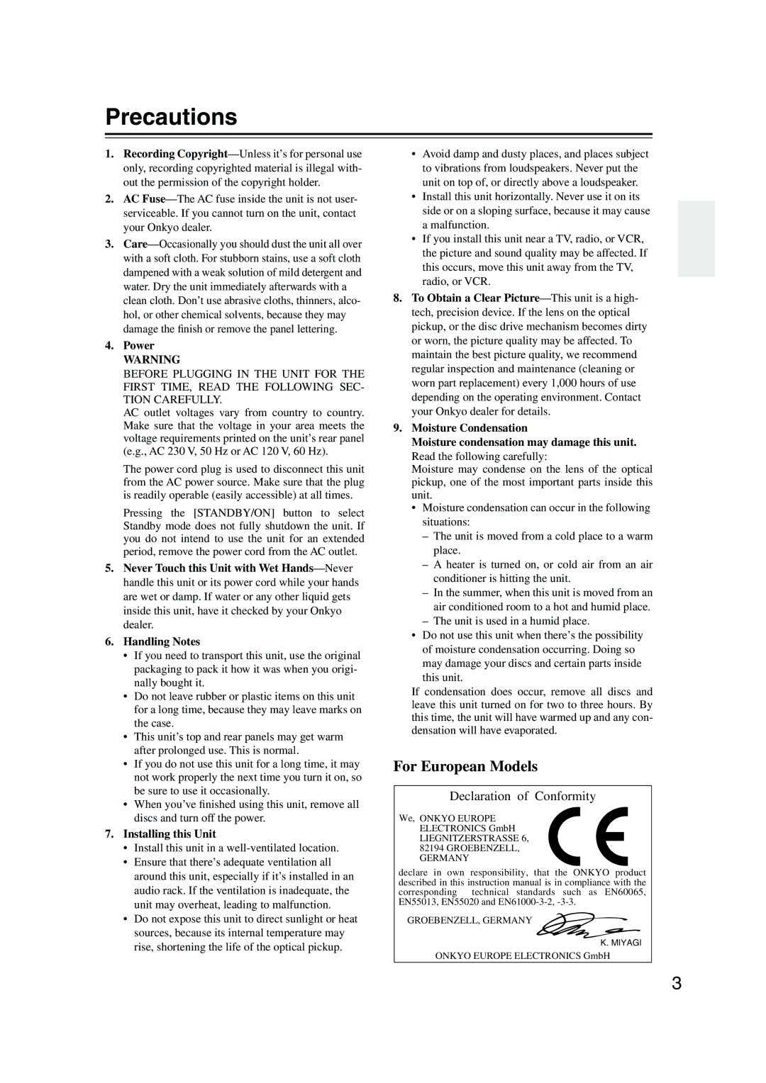 Onkyo CR-515 CR-315 instruction manual Precautions, Power, Installing this Unit 