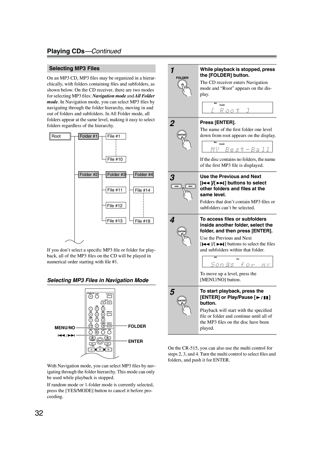 Onkyo CR-515 CR-315 instruction manual Selecting MP3 Files in Navigation Mode 