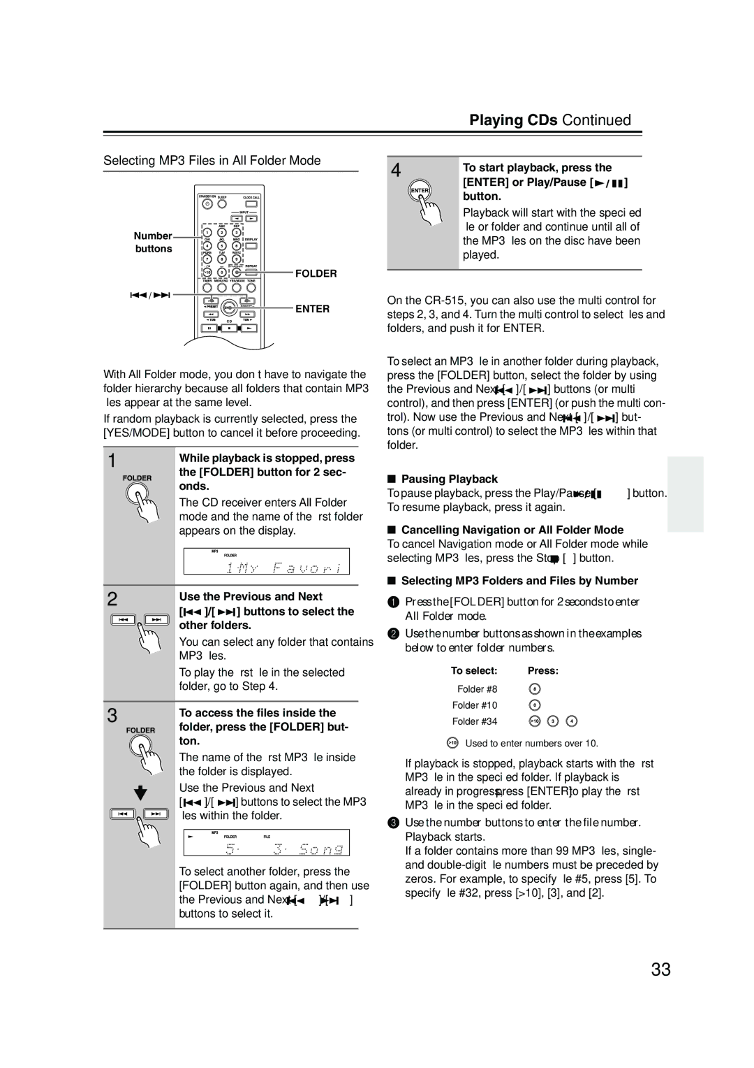 Onkyo CR-515 CR-315 instruction manual Selecting MP3 Files in All Folder Mode 