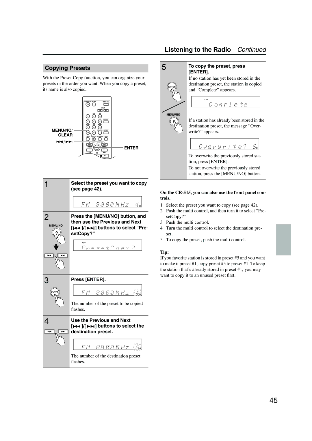 Onkyo CR-515 CR-315 instruction manual Copying Presets 