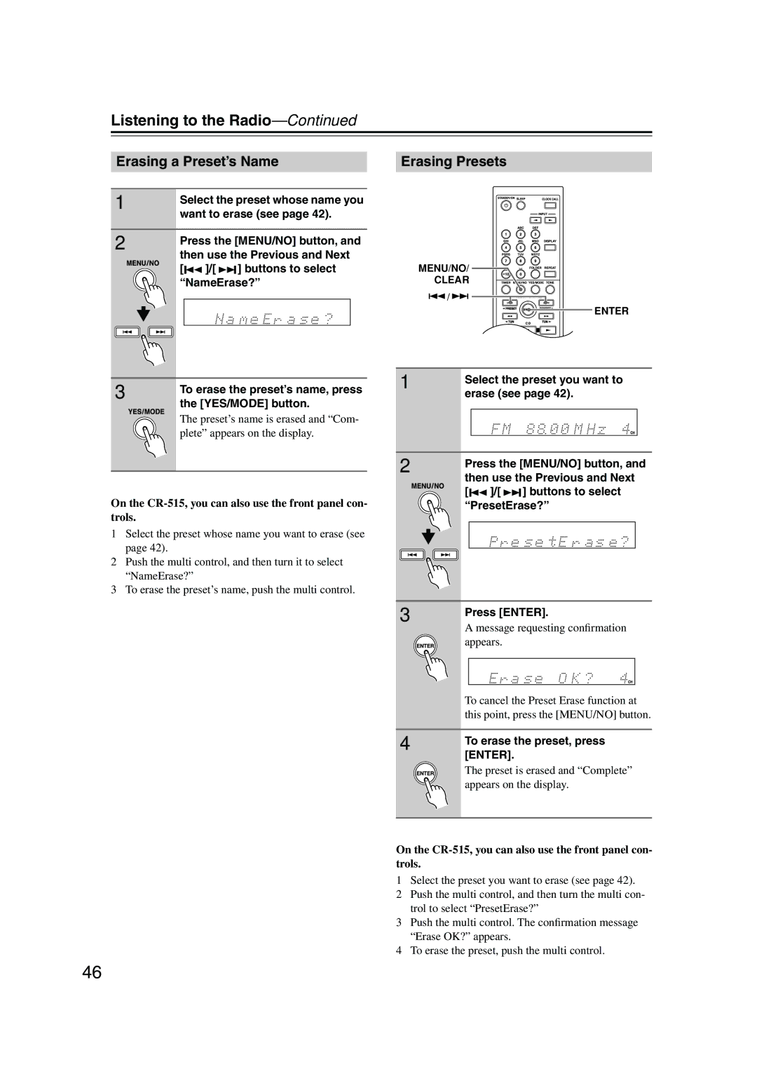 Onkyo CR-515 CR-315 instruction manual Erasing a Preset’s Name, Erasing Presets 