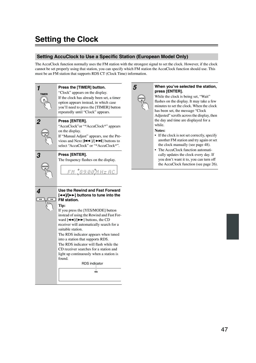 Onkyo CR-515 CR-315 instruction manual Setting the Clock 