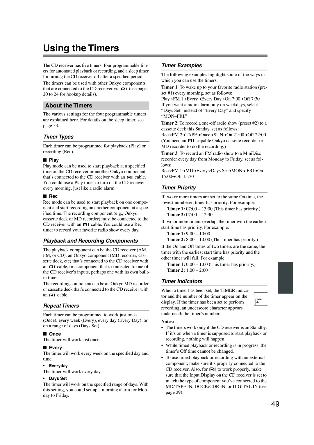 Onkyo CR-515 CR-315 instruction manual Using the Timers, About the Timers 