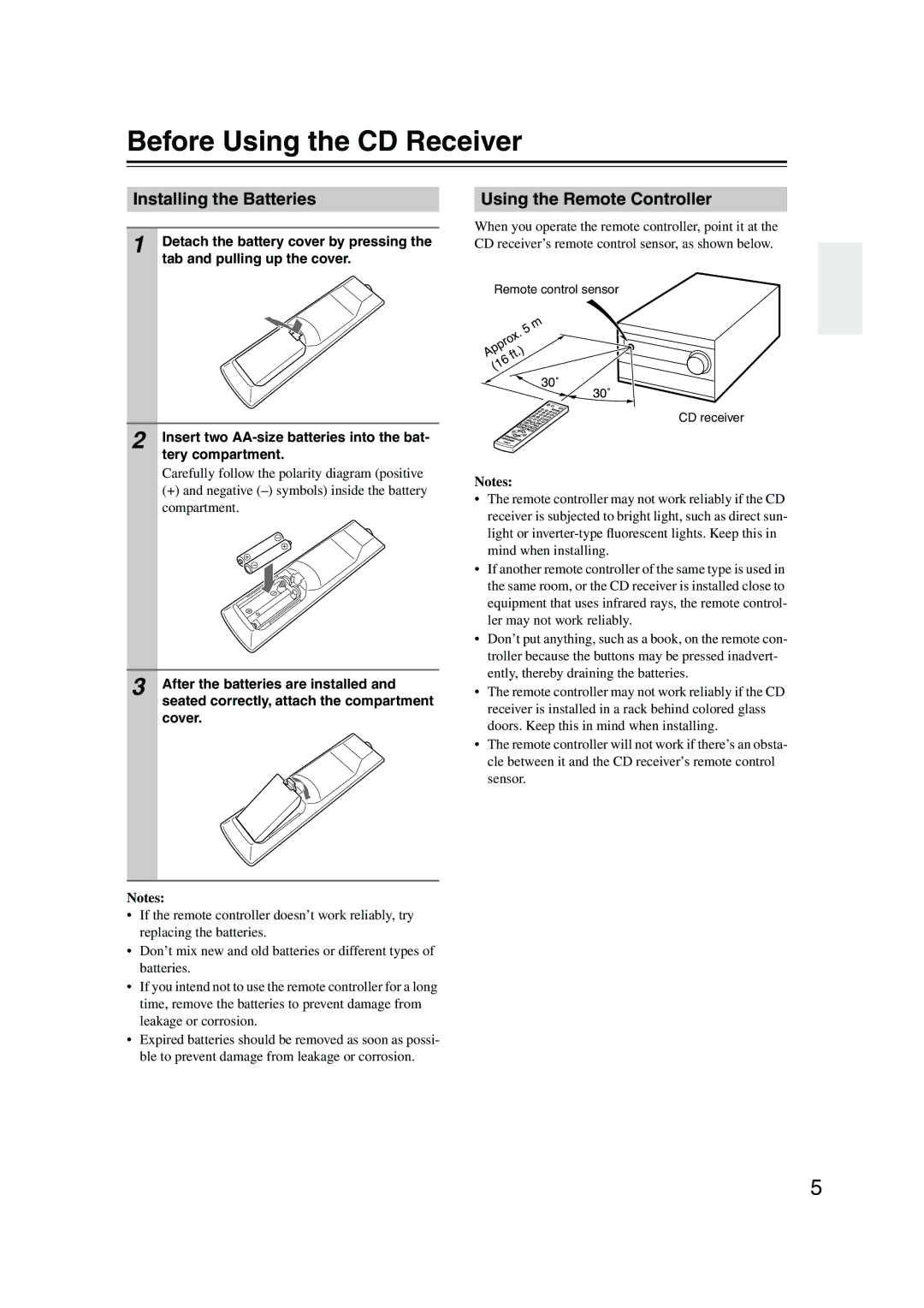 Onkyo CR-515 CR-315 instruction manual Before Using the CD Receiver, Installing the Batteries, Using the Remote Controller 