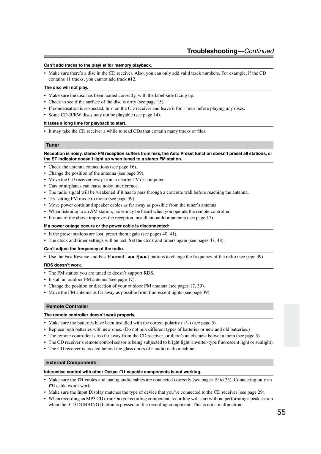 Onkyo CR-515 CR-315 instruction manual Troubleshooting, Tuner, Remote Controller, External Components 