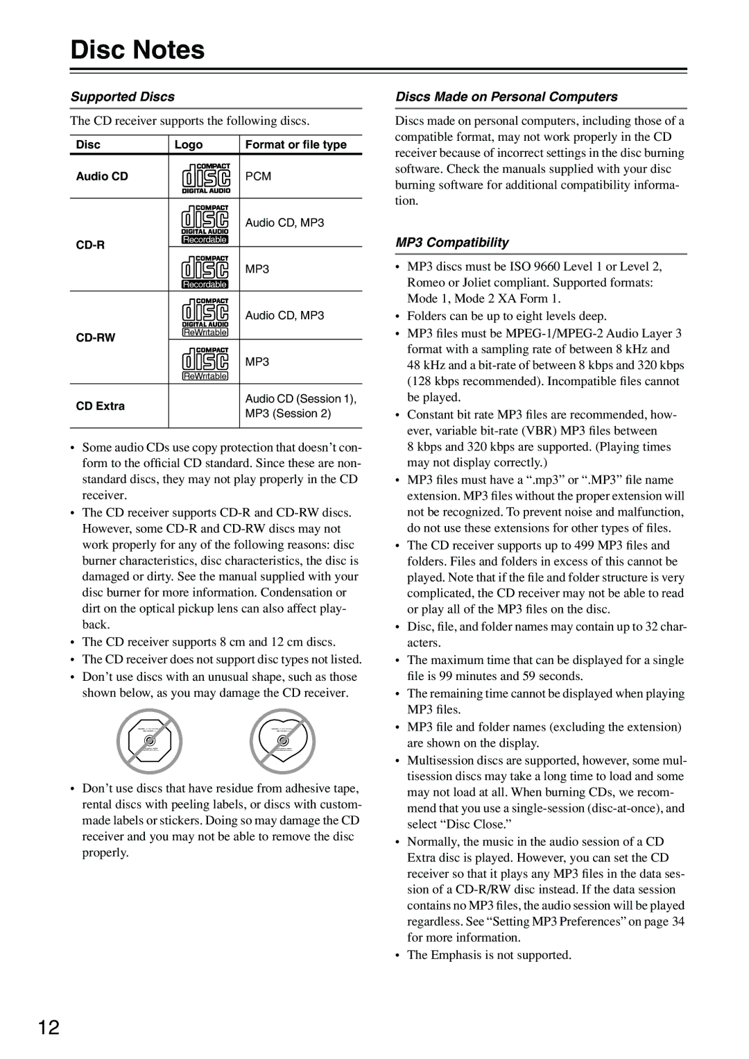 Onkyo CR-715DAB instruction manual Disc Notes, Supported Discs 