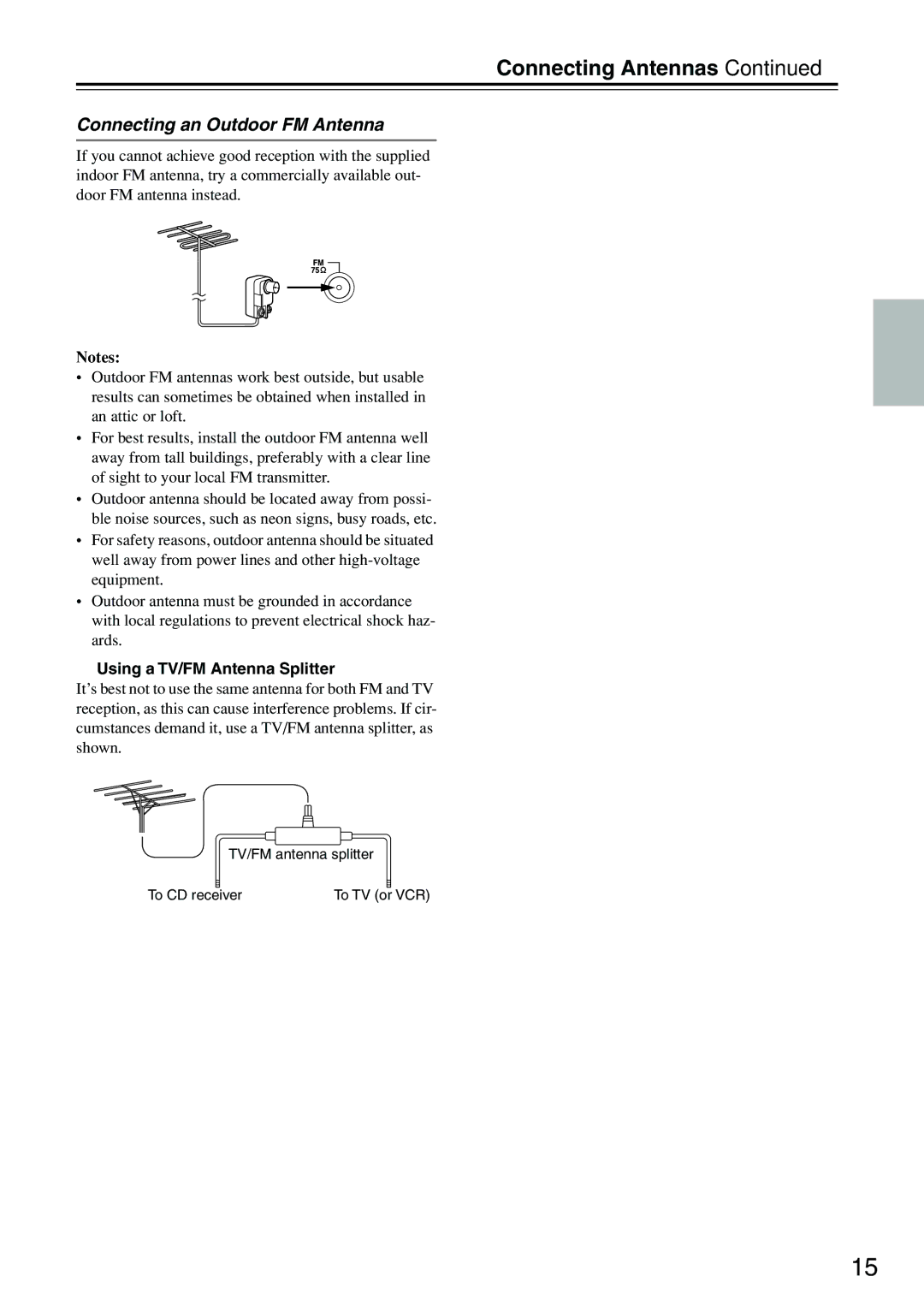 Onkyo CR-715DAB instruction manual Connecting Antennas, Connecting an Outdoor FM Antenna, Using a TV/FM Antenna Splitter 